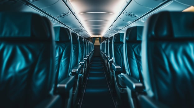 Empty cabin of a commercial airplane. empty seats viewed from corridor. photo