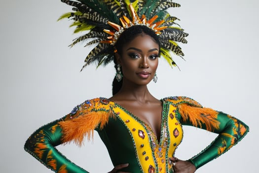 A woman in a green and yellow costume with feathers photo