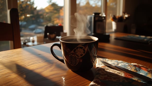 Warm coffee in the morning sun photo