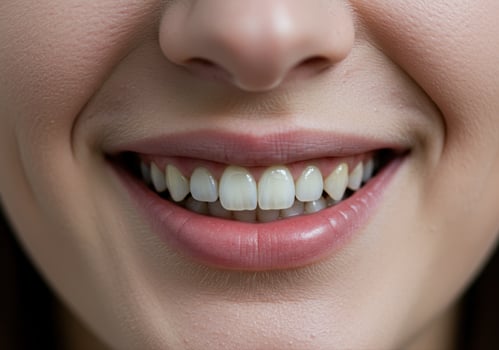 Close-up of a woman's confident smile reveals healthy teeth and radiant lips. photo