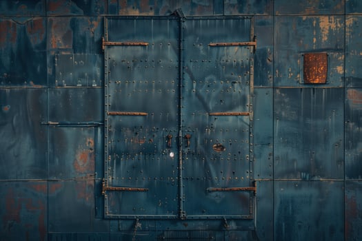 A weathered blue metal door with rust and peeling paint, featuring multiple bolts and a circular lock. The door is set against a textured blue metal wall, showcasing signs of age and wear. photo