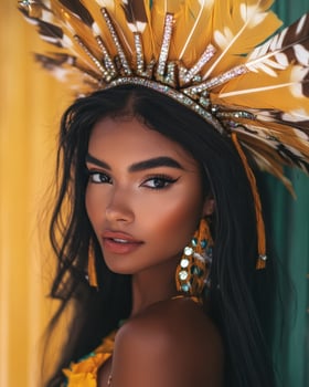 Beautiful woman in traditional costume with feathers photo