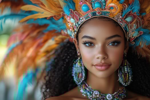 Beautiful young woman wearing colorful feathers and jewelry photo