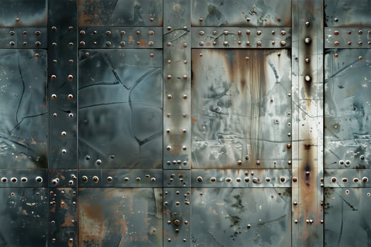 Seamless textured metal wall with rust and rivets, showcasing a mix of blue and gray tones. The surface features scratches, dents, and weathered patches, giving it an industrial and aged appearance. photo