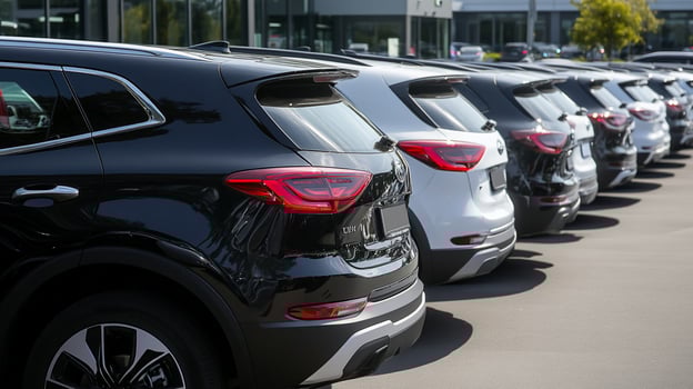 Row of vehicles in a showroom photo