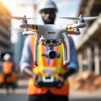 a man in a hardhat holding a camera and a drone photo