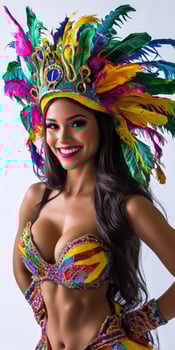 A woman in a colorful costume with feathers photo