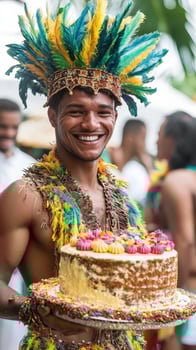 A man in a colorful costume holding a cake photo