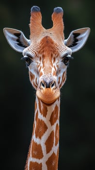 Giraffe with prominent features poses gracefully against a dark background in a wildlife habitat photo