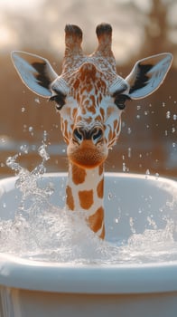 Giraffe enjoys splashing in a bathtub during golden hour in a serene setting photo