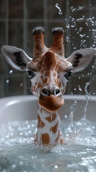 Giraffe enjoys a playful moment in the water during an unusual bath time experience at a wildlife sanctuary photo