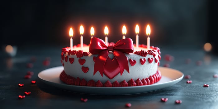 Celebration cake adorned with red hearts and candles on a festive table setting photo