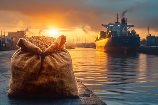 Sunset Cargo Port Scene with Grain Sack and Freight Ship for Maritime Industry Concepts photo