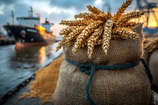 Golden Wheat Harvest Near Harbor at Sunset Agricultural Export Concept photo