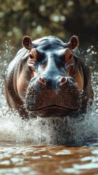 Hippo charging through the water creating splashes in a river during the daytime in a natural habitat photo