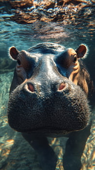 Hippo swimming underwater in clear water, showcasing its massive face and unique features in natural habitat photo
