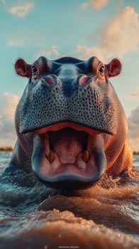 Close encounter with a hippo in the river at sunset capturing nature's raw beauty and fierce presence photo