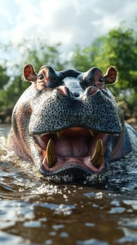 Hippo swimming in calm waters, showcasing impressive teeth and playful demeanor during a sunny afternoon in the wild photo