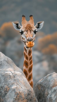 Giraffe peering through rocks in a serene landscape at sunset photo