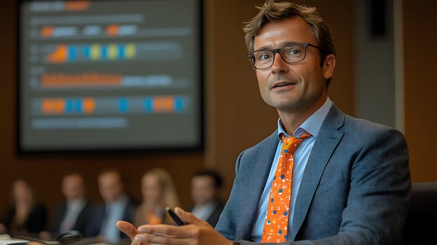 Mentor in a conference room presenting colorful diagrams and strategic reports to an engaged business audience photo