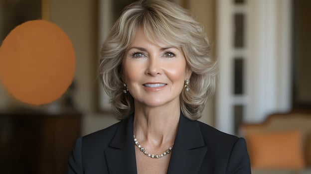 Mature CEO woman focused on laptop in private office, well-organized desk, modern workspace photo