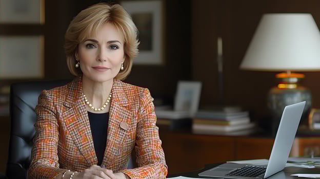 Businesswoman CEO seated at a desk with a laptop focused on her work in a contemporary office environment photo