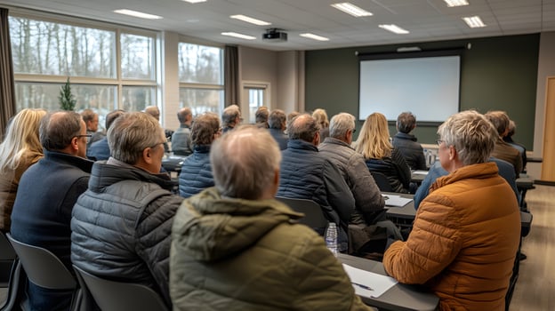 Business training for company employees in a contemporary meeting room, people seated in a classroom setup, engaged in learning photo