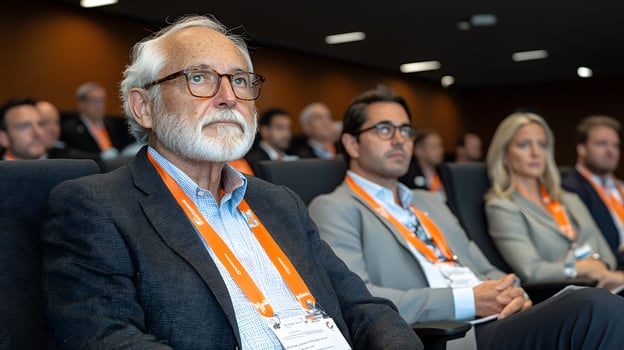 Business training seminar in an office group of diverse employees sitting attentively on chairs in a modern meeting room photo