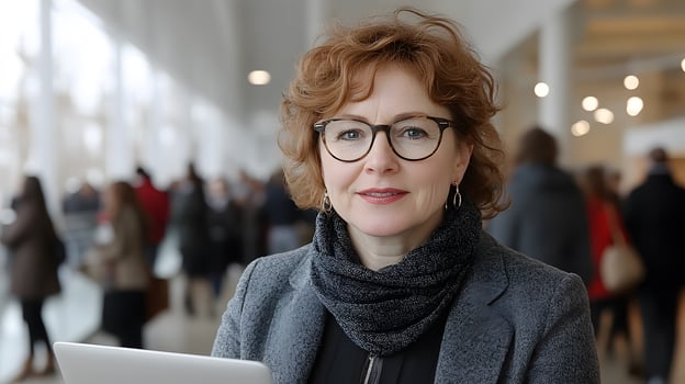 Middle-aged businesswoman CEO working on a laptop in a modern office, focused and professional, corporate workspace. photo