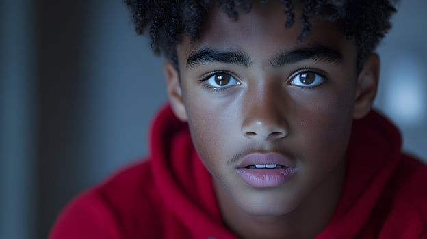 Young man studying digital network security icons, code and data safety glowing in low light photo