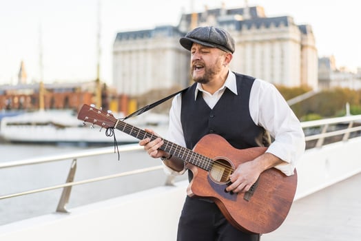 A street musician performing classic songs on guitar. photo