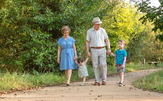 Grandparents and grandchildren walking outdoors photo