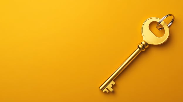 A golden key against a vibrant yellow background. photo