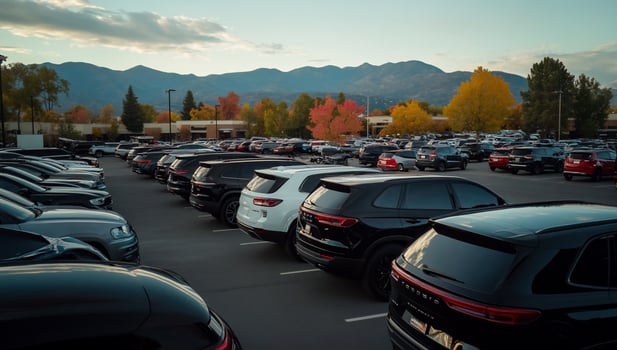 Cars lined up in a parking lot, mountains in background photo