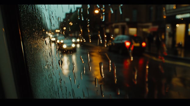 Rainy city street view through a bus window photo