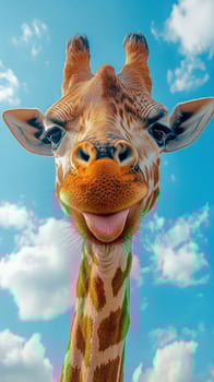 Happy giraffe stands against a bright blue sky with fluffy clouds in a wildlife reserve during the day photo