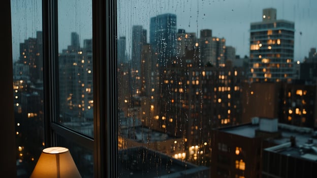 Rainy city view from a window photo