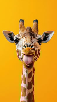 Giraffe smiling against a bright orange background in a playful and charming way while showcasing its beautiful fur patterns photo