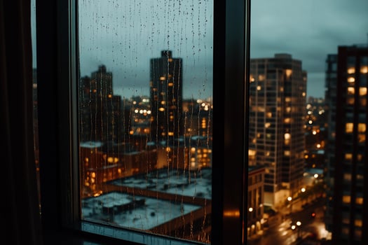 Rainy city night view from window photo