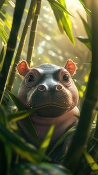 Baby hippopotamus peeking through green bamboo in a serene forest setting at sunset photo