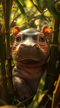 Young hippo resting among tall green grass in a warm afternoon light, showcasing its curious expression and surroundings photo