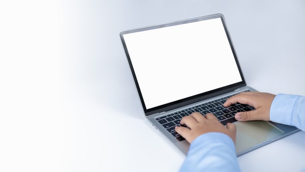 Mockup screen blank, Workspace white background new project on laptop computer with blank copy space screen for your advertising text message, Laptop with blank screen and placed on a black table. photo