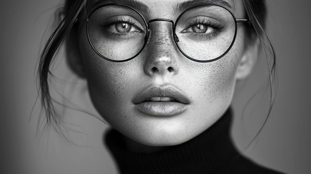 A captivating monochrome portrait unveils a woman's refined elegance Her piercing gaze, framed by chic cat-eye glasses, exudes confidence The clean composition accentuates her flawless skin and photo