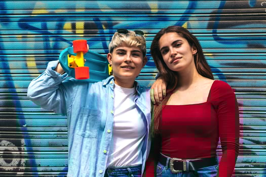 two teenager girl with a skate portrait photo