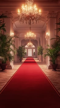 Elegant hallway with red carpet and chandeliers in a luxurious building during golden hour photo