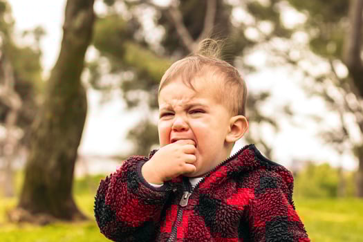 adorable baby boy crying in a park photo