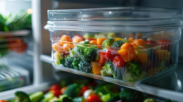 Transparent food container with frozen vegetables. Freshly frozen broccoli, tomatoes and pepper pieces. Healthy food. A way to store food for a long time photo