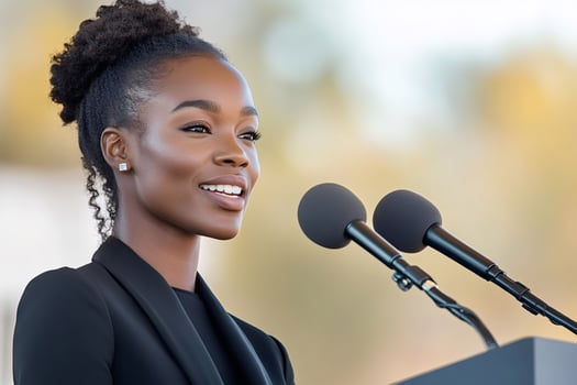 Young elegant businesswoman delivering a speech at a conference photo