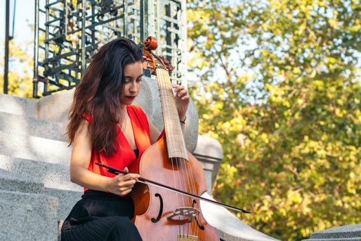 A young woman playing the cello outdoors photo