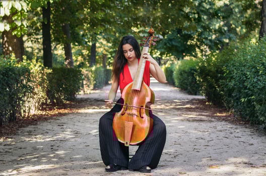 Woman playing the cello in a park. photo